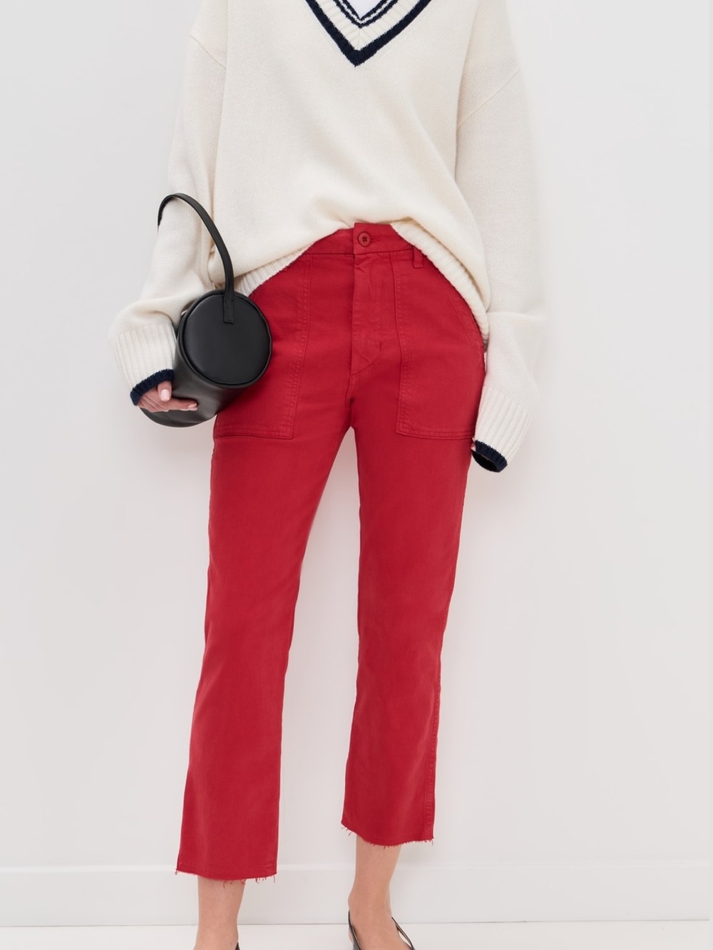 AMO Easy Army Red Cargo Pants with Frayed Hem NWT 23 - Picture 8 of 10